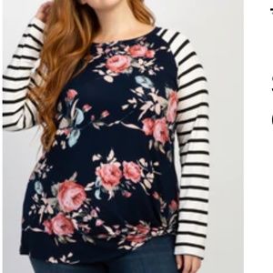 Navy Blue Floral Striped Sleeve Maternity Knot Plus Top